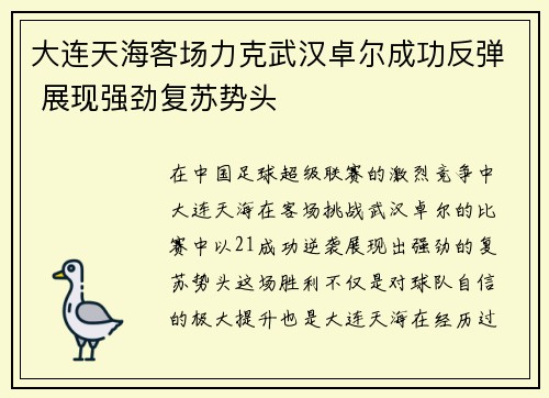 大连天海客场力克武汉卓尔成功反弹 展现强劲复苏势头